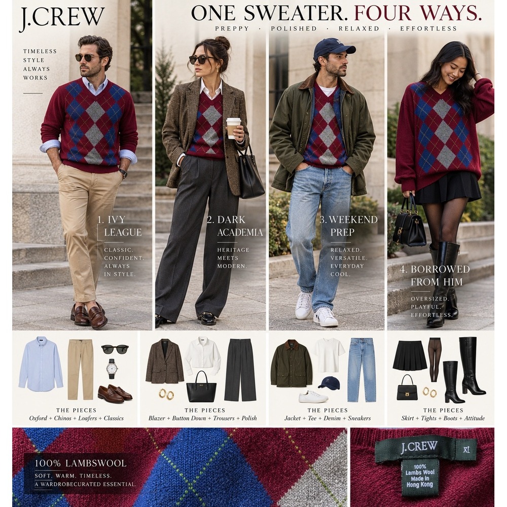 J.Crew Mens XL 100% Lambswool Argyle Sweater Burgundy Blue V Neck 72631